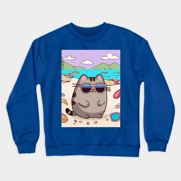 Cute pusheen enjoying a day on the beach Crewneck Sweatshirt by Love of animals